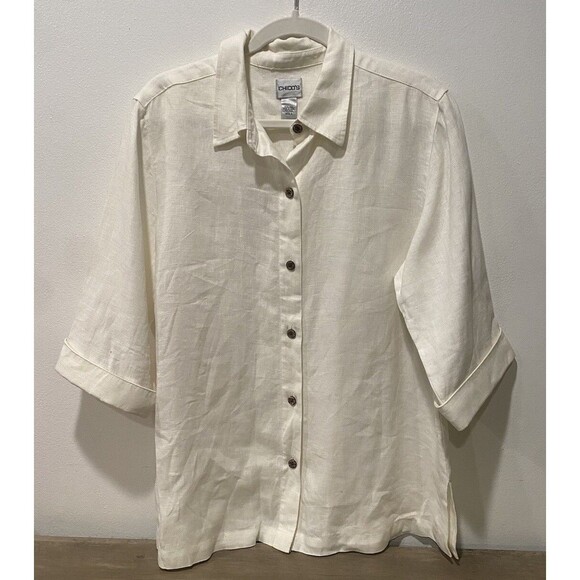 Chicos 100% Linen White Button Down Camp Shirt wood tone buttons Minimalist Sz 2 - Picture 1 of 7